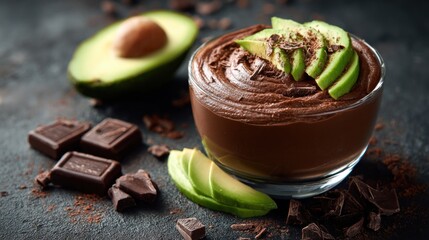 Delicious chocolate avocado mousse with fresh avocado slices and dark chocolate