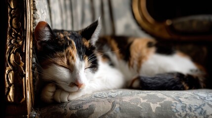 Calico cat resting comfortably on an ornate chair with closed eyes