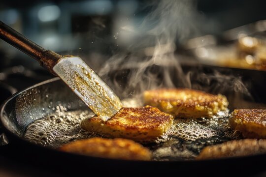 Tajadas being flipped on hot pan with spatula cooking in home kitchen showing real oil bubbles and steam