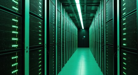 Server room with rows of black racks glowing green in narrow hallway