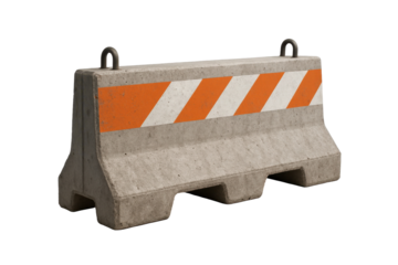 A gray concrete traffic barrier with orange and white diagonal stripes is shown against a transparent background. This construction safety element is designed for traffic control and site protection.