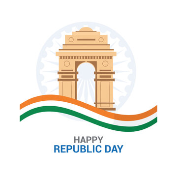 Happy republic day india with india gate and flag