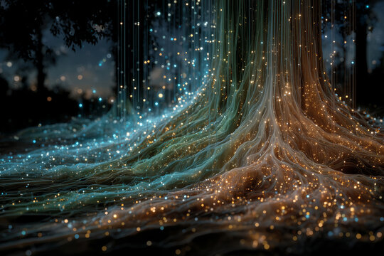 Glowing data streams illuminate the roots of nature's digital forest - Powered by Adobe
