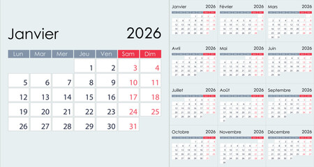 Clean Minimalist 2026 Yearly Calendar Grid Layout, on French language