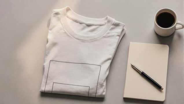 White T-Shirt Mockup with Coffee and Notebook on Gray Background.