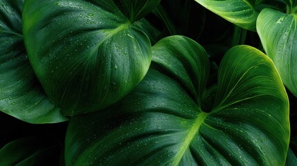 Fototapeta premium Close-up view of large green leaves with droplets in a tropical setting, suggesting a lush environment