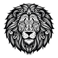 Fototapeta premium Intricate black and white illustration of a majestic lion s head with ornate swirling mane and tribal patterns symbolizing strength and royalty in a detailed artistic design
