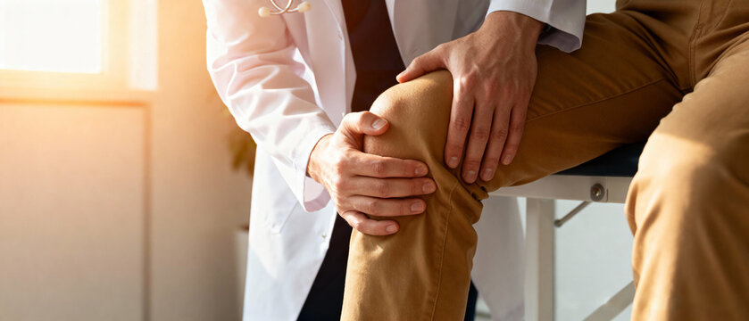 Medical consultation: Doctor gently checks patient's knee for pain and potential orthopedic issues