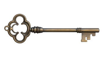 Old brass key isolated on a transparent background showcasing its vintage design and intricate details, perfect for illustrating themes of mystery and unlocking secrets