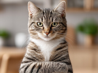 腕を組んでこちらを見つめるキジトラ猫