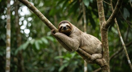 Naklejka premium Sloth resting comfortably in a lush green forest canopy, clinging to a branch