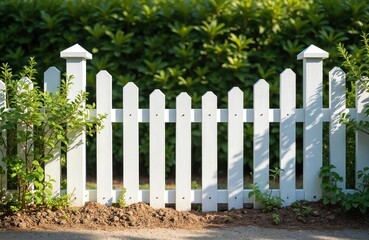 Naklejka premium White wooden picket fence borders yard with green hedge background. Sunny day lighting casts shadows on fresh painted garden barrier. Simple boundary for home.