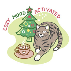 Cozy Christmas illustration with cute cat, hot cocoa, and Christmas tree. Hand-drawn festive vector art perfect for winter cards, prints, stickers, and cozy holiday designs