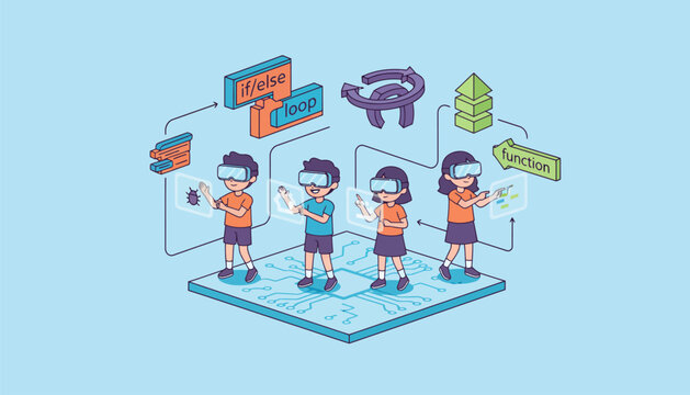 A group of children using virtual reality headsets exploring coding concepts in immersive environments that make learning fun.