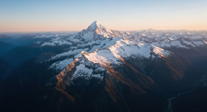 Snowy mountain peak bathed in warm light, surrounded by peaks and valleys