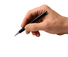 A close-up studio shot of a human hand holding a black pen, poised to write on a white surface. The image focuses on the gesture and action of writing, with a transparent background.