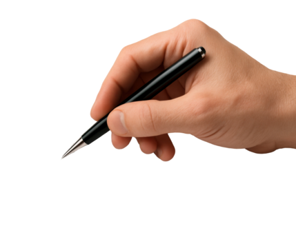 A close-up studio shot of a human hand holding a black pen, poised to write on a white surface. The image focuses on the gesture and action of writing, with a transparent background.