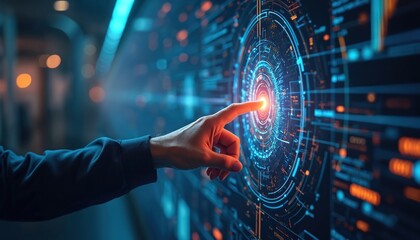 Close-up of hand touching futuristic digital interface with glowing circular patterns, data streams. Screen displays complex information, suggesting advanced technology, interaction. Person engages