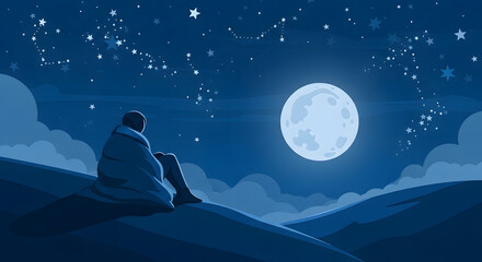 Obraz premium A solitary figure gazes at the luminous full moon under a star-studded night sky, contemplating the vastness of the universe from a tranquil hilltop