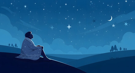 Peaceful contemplation under a brilliant night sky, a solitary dreamer wrapped in a blanket observes the stars and crescent moon from a hilltop