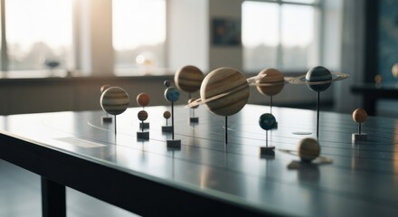 Solar system model with planets on table, sunlight bokeh background