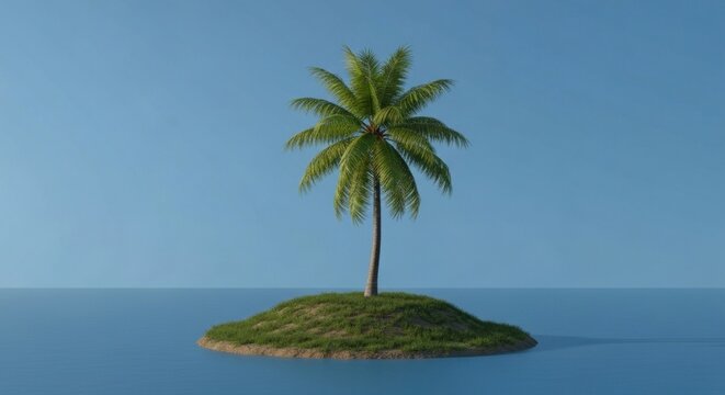 Solitary palm tree on grassy islet against a bright blue sky and water