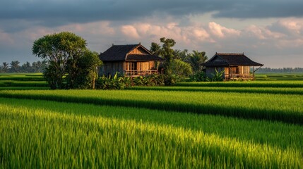 Wooden houses nestled among vibrant green rice fields during a serene evening atmosphere