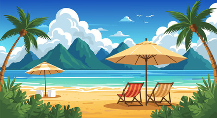 Serene tropical beach with empty lounge chairs and umbrellas on the sand overlooking the ocean and mountains. Vector illustration for a summer vacation