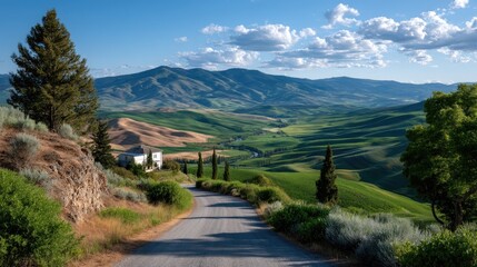 Scenic Winding Stone Pathway Through Rolling Green Hills Under a Blue Sky with Fluffy Clouds at Golden Hour