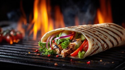 Grilled chicken wrap with vegetables and fire background for culinary content