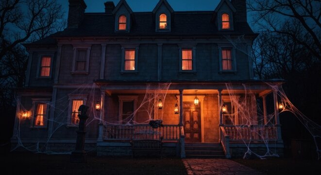 Spooky, old house at night with glowing windows, covered in spider webs
