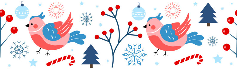 Seamless Christmas Ornament with Birds, Snowflakes, Berries and Christmas Trees on a White Background