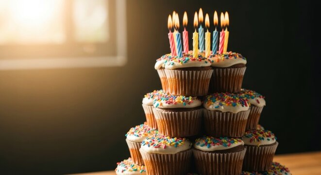 Stacked cupcakes with rainbow sprinkles and lit candles against blurred background
