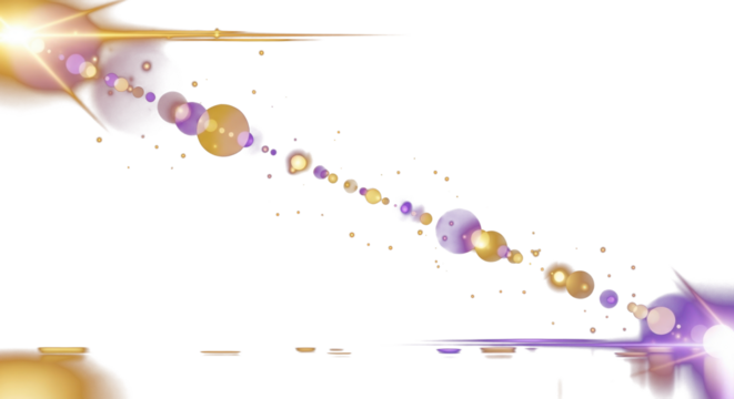 Golden and purple light flares with bokeh glow on a dark background, smooth reflections, luxury abstract aesthetic, cinematic optical lens reflections, artistic photography clean PNG