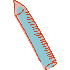 Simple cartoon drawing of a light blue crayon with a reddish-brown outline and ruler markings on its side on a transparent background