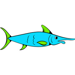 Simple Cartoon Illustration Of A Blue Swordfish With Green Fins And Tail On A White Background