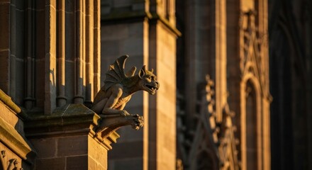 Stone gargoyle on a Gothic building bathed in warm golden light