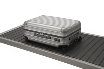 Silver suitcase moving on airport baggage claim conveyor belt, traveling concept, transparent background