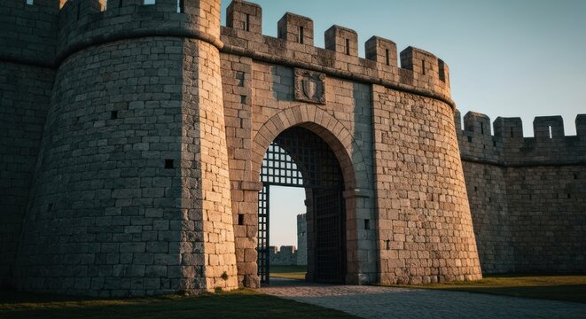 Stone castle gateway with turrets and raised portcullis under sunny sky