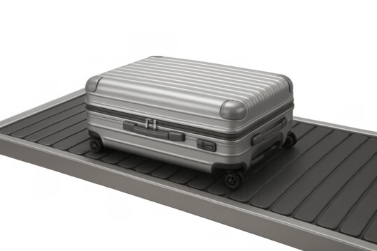 Silver suitcase moving on airport baggage claim conveyor belt, traveling concept, transparent background