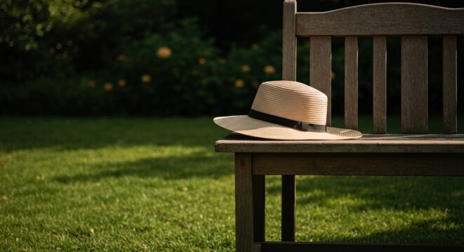 Straw hat sits on wooden park bench, bright green lawn, soft light - Powered by Adobe