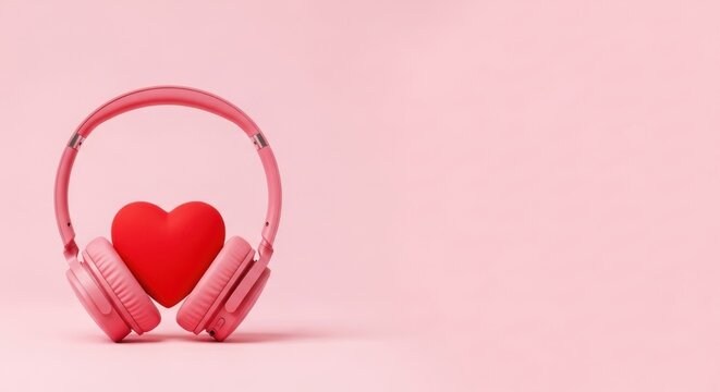 Pink Headphones with Red Heart Symbolizing Love for Music on Pink Background