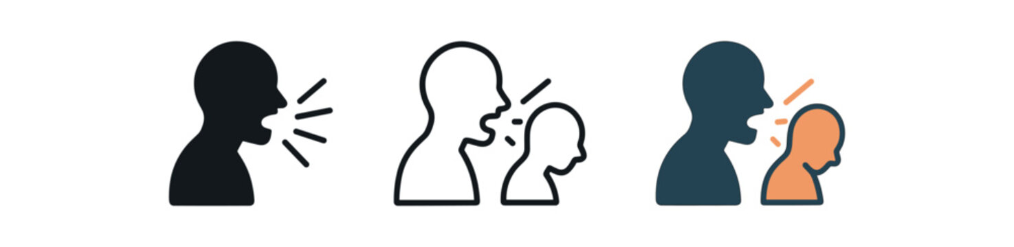 verbal abuse shouting icon on white background Black silhouette flat icon outline icon and colored icon style three minimal vector icon style