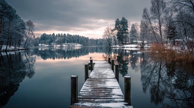 Winter lake scenery with snow-covered dock and calm water reflecting cloudy skies during sunset
