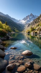 Serene Alpine Lake Reflects Majestic Snow Capped Mountains Under a Clear Blue Sky on a Sunny Day with Rocky Shoreline and Green Trees