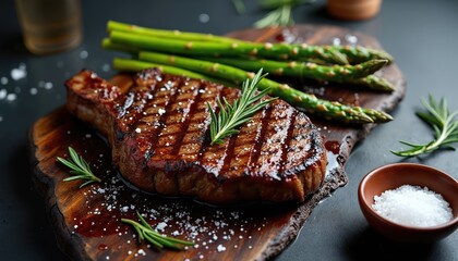 Grilled bone-in steak with grill marks rests on rustic wood board. Fresh green asparagus, rosemary sprigs garnish dish. Coarse sea salt sits in small bowl next to appetizing meal. Delicious dinner