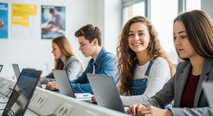 Young students working with laptops in a modern classroom setting