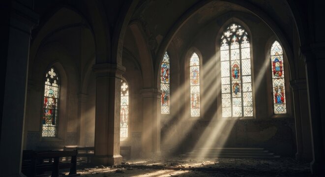 Sunbeams illuminate interior church with stained glass, worn floor, and empty pews