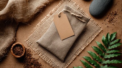 Rustic package with tag on burlap surface natural texture overhead shot