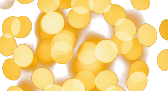Golden yellow bokeh lights abstract blur, warm glow with film grain texture, dreamy and atmospheric aesthetic. clean PNG